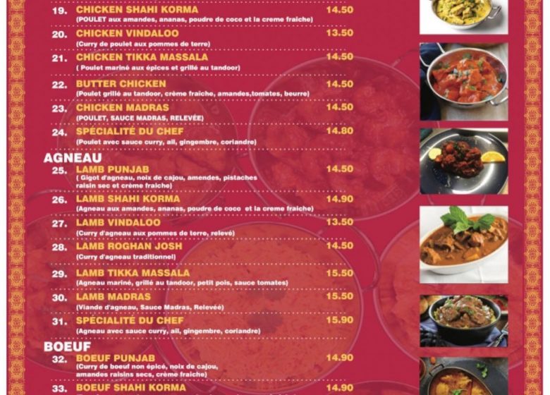 Carte du restaurant La Porte du Punjab spécialités indiennes et pakistanaises à Caen en Normandie